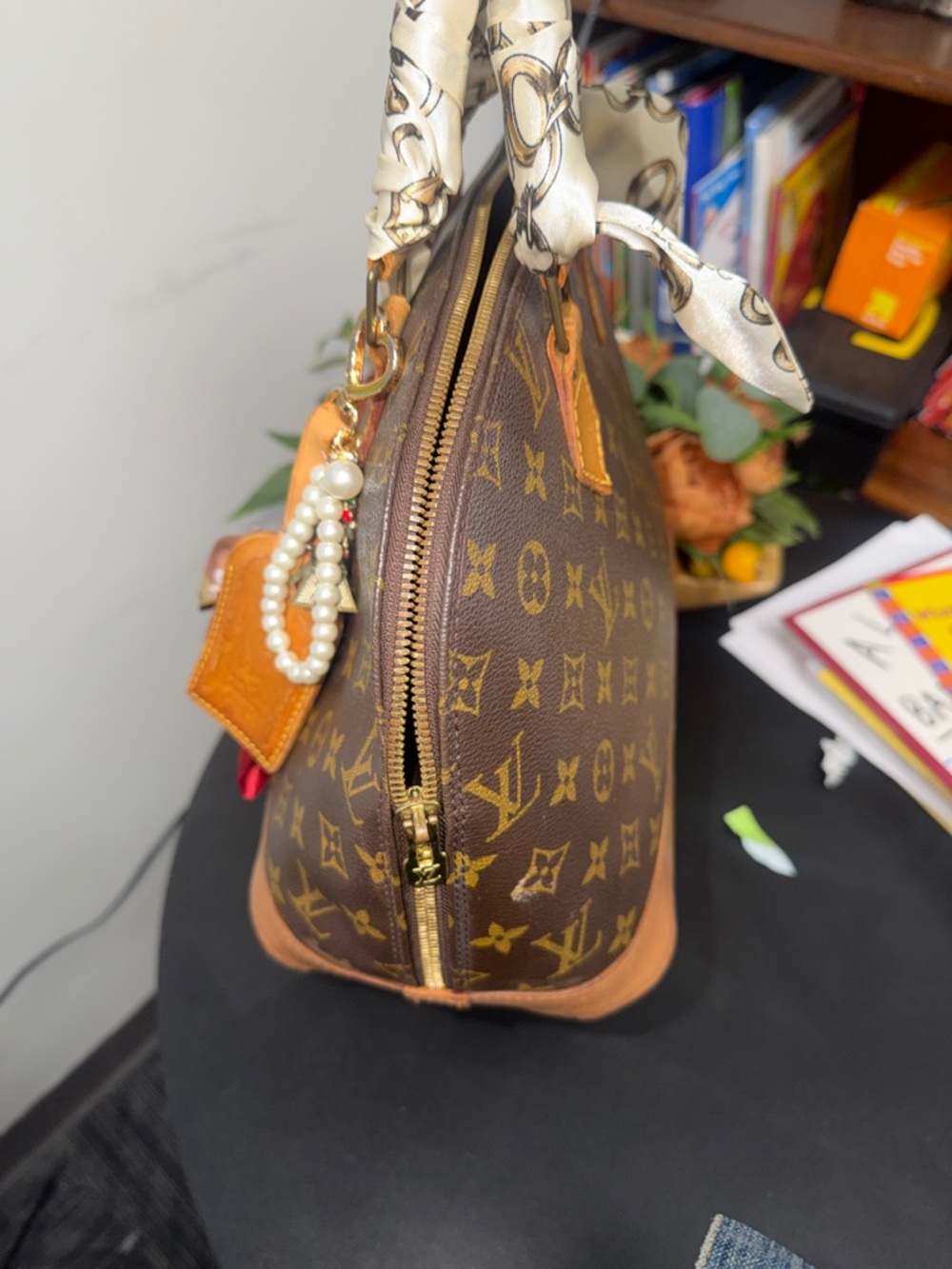 Louis Vuitton Alma Brown Monogram Satchel with Tan Trim and Red Accent Scarves - Picture 13 of 14